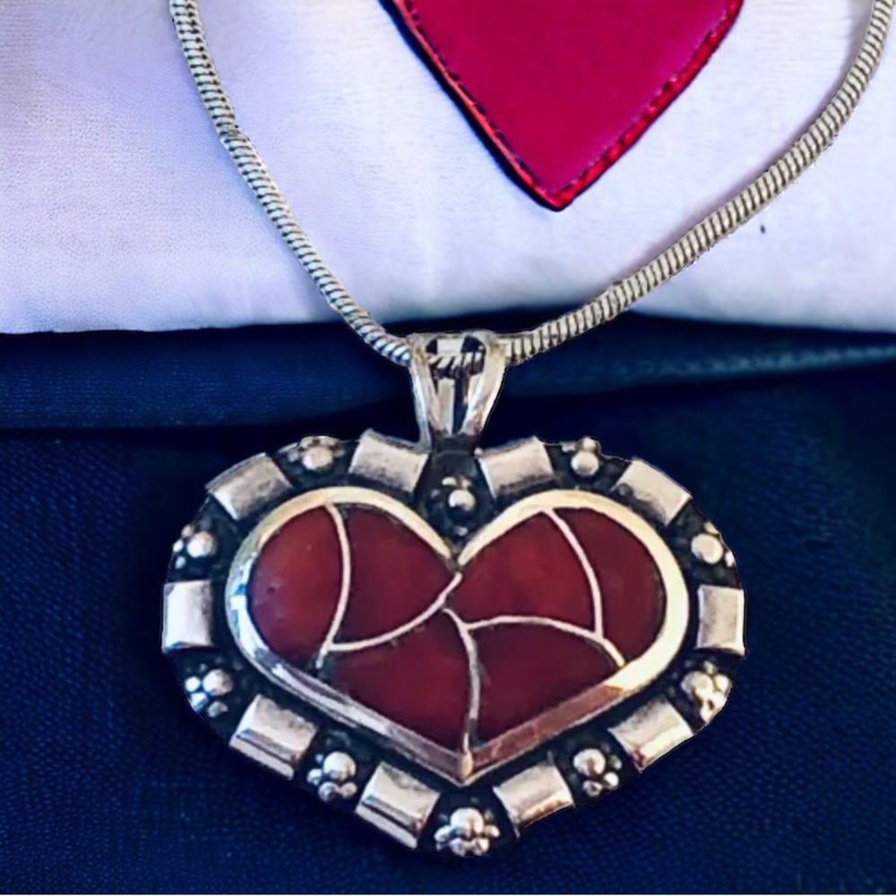 Artisan Sterling Silver Necklace HEART Pendant by Leola Yuselle Red Stone